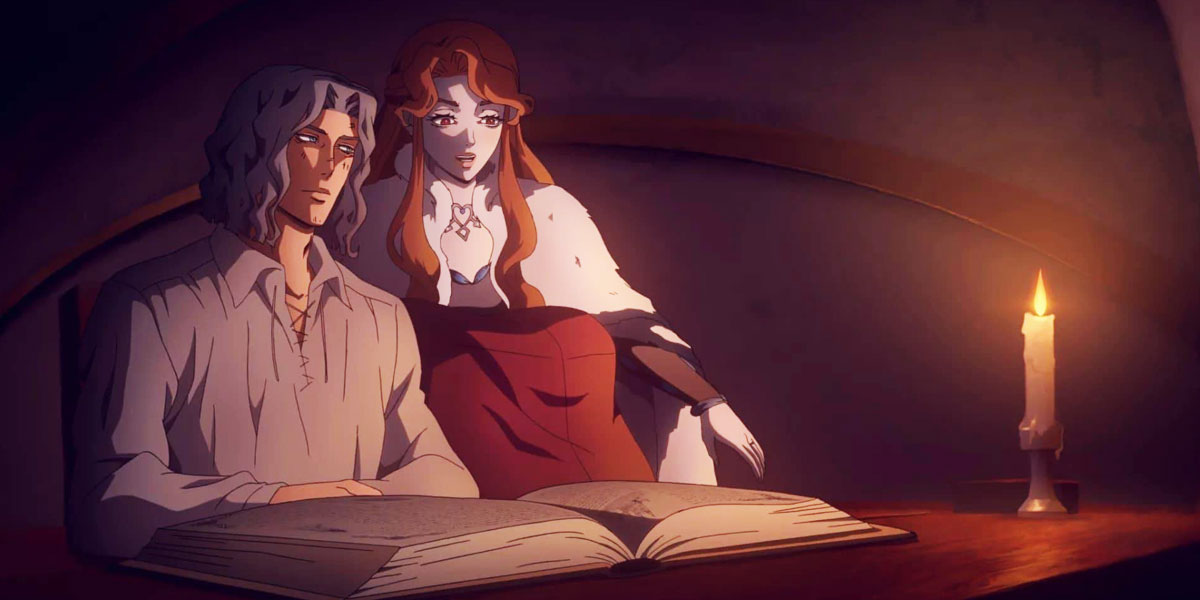 Hector e Leonore lendo à luz de vela em Castlevania